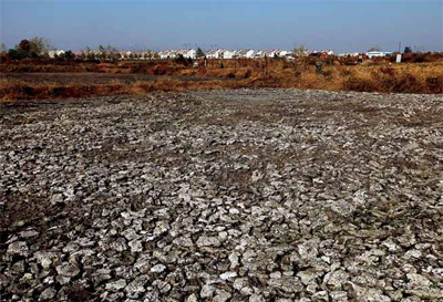 2012年11月13日，安徽省肥东县白龙镇长王村,大牧场外龟裂的粪池。