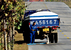 2012年11月13日，安徽省肥东县白龙镇，一名工人正在向路边排放粪水。