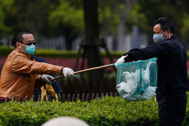 2013年4月9日，上海人民广场，工作人员在草坪上安置笼子，诱捕鸽子，将其收回笼舍。
