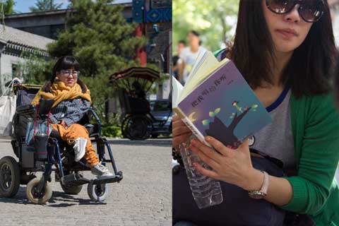 Luoluo became permanently handicapped after receiving an expired polio vaccine as a young girl. On the streets of Beijing, crowds gather around her to purchase copies of her self-published memoir / Photos by Christine Schindler