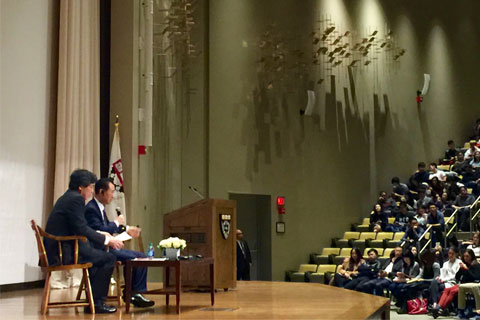 Wang Jianlin speaks at Harvard University on October 29
