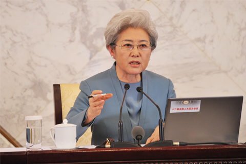Fu Ying, the spokeswoman for the NPC's annual meeting, answers questions from reporters at the Great Hall of the People on March 4