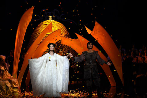Lise Lindstorm (left) and Yonghoon Lee perform in Opera Australia's production of Puccini's Turandot at the Sydney Opera House in 2015