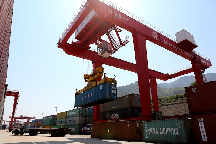 A container storage yard at a logistic park in Lianyungang, Jiangsu province on April 27. The park was jointly built by China and Kazakhstan in 2014 to serve freight trains from Lianyungang to the Central Asian country. Photo: Visual China