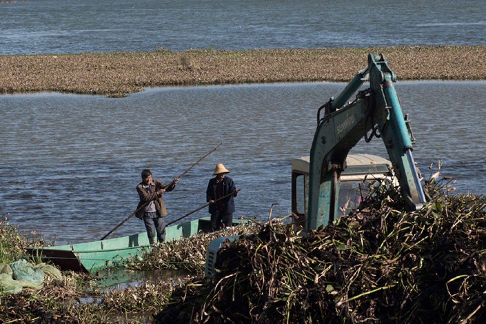 Residents remove water hyacinth in White Horse village, north of Erhai Lake, on April 20. Photo: Chen Liang/Caixin