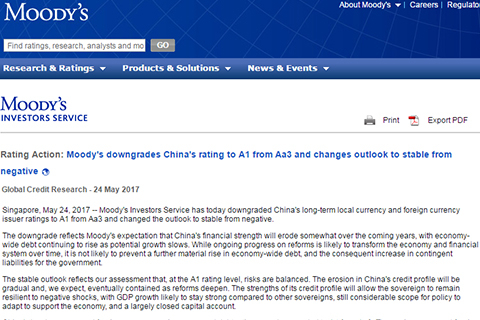 穆迪下调中国主权评级至A1 财政部称高估了中国经济的困难