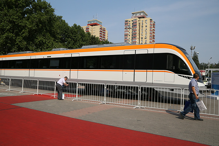 CRRC Corp. said on Tuesday it will participate in a 150 billion yuan fund targeting global projects in a wide range of fast-growing, technology-based emerging sectors. Above, a metro train produced by CRRC is displayed at UrTran 2017, an international rail exhibition in Beijing, on June 19. Photo: IC