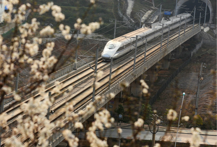 A government inspection that discovered water leaking into several tunnels along the Shanghai-Kunming high-speed rail line was part of a broader clampdown targeting rogue contractors. Above, a bullet train travels on the Shanghai-Kunming high-speed rail line on Feb. 22. Photo: IC