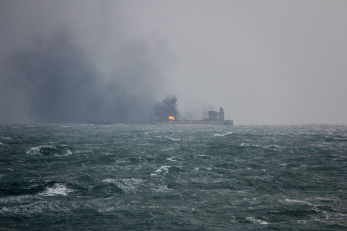 At least 300,000 tons of fish are caught each year off the coast of the East China Sea, government data showed. Above, the oil tanker Sanchi is seen burning off the coast of Shanghai after it collided with a Chinese freight ship over the weekend. Photo: Visual China