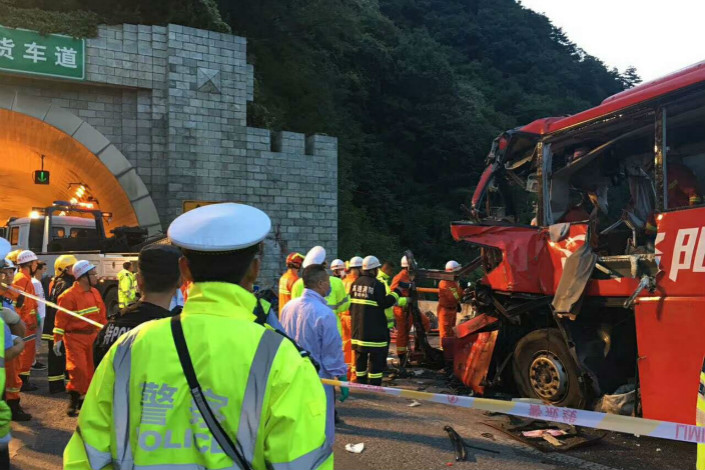 The long-haul bus (pictured) was en route from Chengdu to Luoyang, in central China’s Henan province, before it skid off the road and slammed into a wall along a section of the Beijing-Kunming Expressway in Shaanxi. Photo: VCG