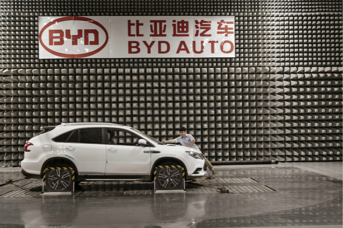 A vehicle is prepared for electro-magnetic interference testing at a lab in BYD's Shenzhen headquarters on Sept. 21. BYD accounted for 16% of the total 700,000 NEV units sold in China in 2017, according to the China Passenger Car Association. Photo: VCG