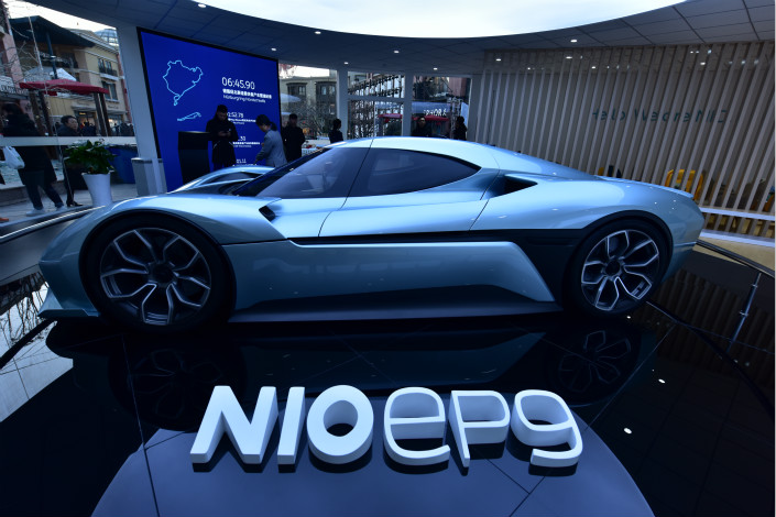 The Nio EP9, an electric supercar unveiled in 2016, is exhibited in Beijing on Dec. 15. At the end of last year, Nio announced the first model it will mass-produce, the ES8, a sports utility vehicle. Photo: VCG