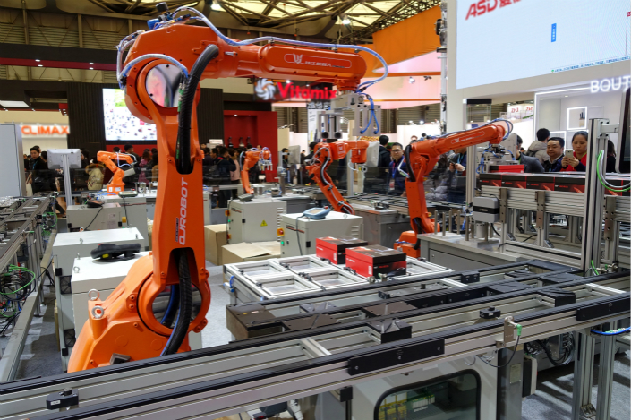 An automated assembly line on display at the China Home Appliances and Consumer Electronics Expo in Shanghai on March 9. Photo: VCG