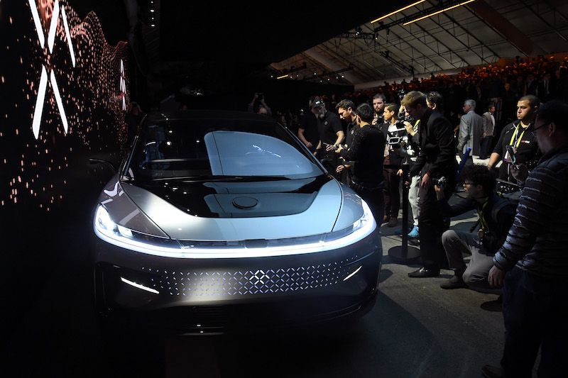 Faraday Future's FF91 prototype electric vehicle is shown during a press event for CES 2017 in Las Vegas. Photo: VCG