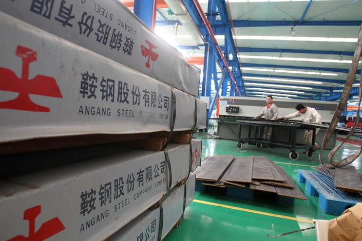 Angang Steel’s products sit in a warehouse in East China’s Jiangsu province in April 2016. Photo: VCG