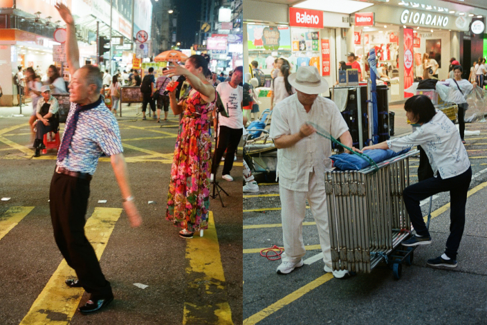 Left photo: Performers dance on Sai Yeung Choi Street South on July 2. Right photo: People pack up a booth on Sai Yeung Choi Street South on July 2. Photos: Teng Jing Xuan/Caixin
