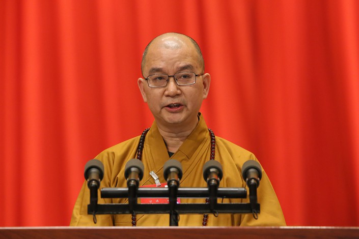 Shi Xuecheng, then chairman of the Buddhist Association of China and a member of the country's political advisory body, gives a speech at national legislative session in Beijing in 2016. Photo: VCG