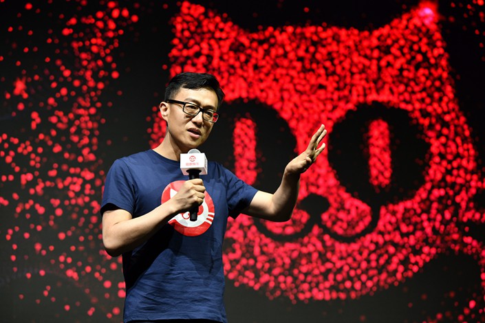 Maoyan Weiying CEO Zheng Zhihao, delivers a keynote speech at a company event in Shanghai on June 19. Photo: VCG