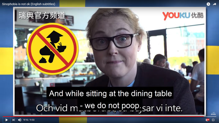 A video grab from a Sveriges Television (SVT) satirical news program in Sweden shows a program hostess mocking Chinese tourists with 