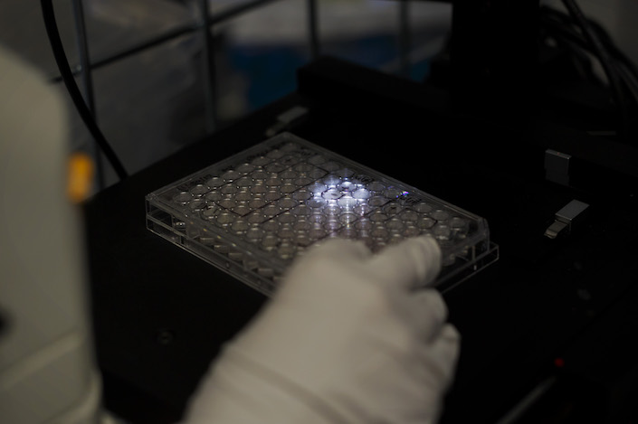Light from a microscope illuminates a dish in the laboratory. Photographer: Cole Burston/Bloomberg