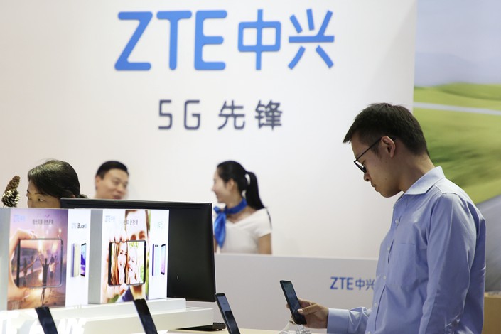 ZTE Corp. 5G cellphones are displayed at the China International Information Communications Technology Exhibition at the China National Convention Center in Beijing on Sept. 28. Photo: VCG