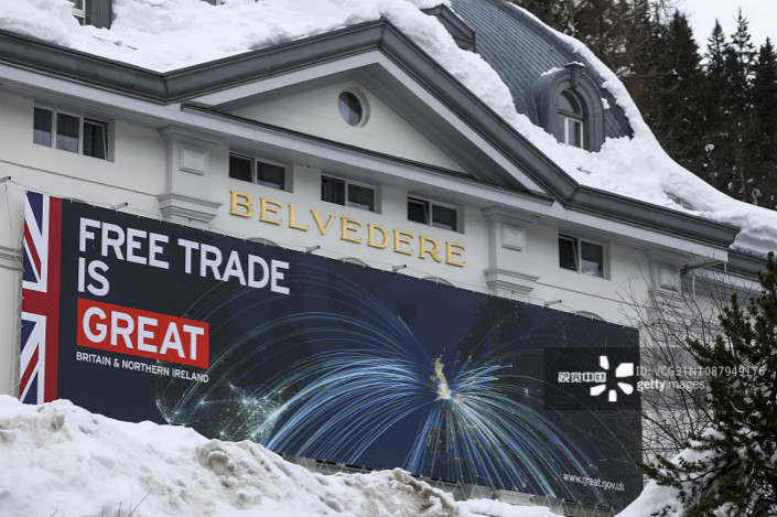 Banner promoting free trade at the 2019 World Economic Forum in Davos, Switzerland. Photo: VCG