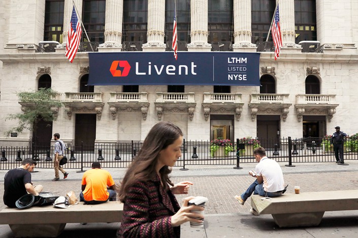 A Livent Corp. banner hangs in front of the New York Stock Exchange on Oct. 11 during the lithium producer’s initial public offering in the U.S. Photo: VCG