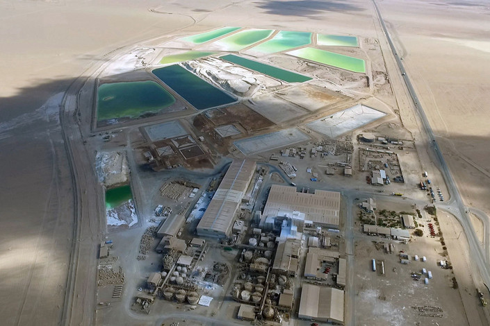 The processing plant of a lithium mine in the Del Carmen salt flat in northern Chile is shown in this SQM file photo taken in December 2016. Photo: VCG