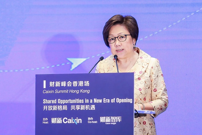 HKEx Chairman Laura Cha speaks at the Caixin Summit in Hong Kong in June 2018. Photo: Caixin