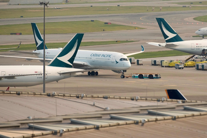 Cathay Pacific Airways jets on the tarmac at Hong Kong International Airport on Aug. 7. 2018. Photo: VCG