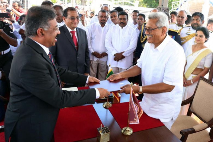 Sri Lanka's president-elect Gotabaya Rajapaksa (right) during his swearing-in ceremony in Anuradhapura, Sri Lanka, on Nov 18.Photo: The Straits Times