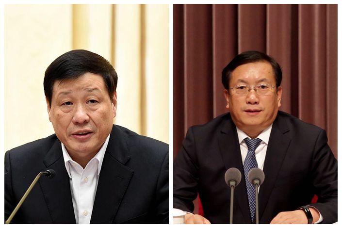 Shanghai Mayor Ying Yong (left), and Wang Zhonglin, party secretary of Jinan, Shandong province.