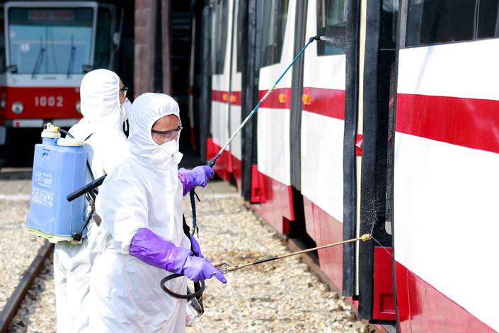 A tramcar is disinfected in Pyongyang, North Korea, on Feb. 26.