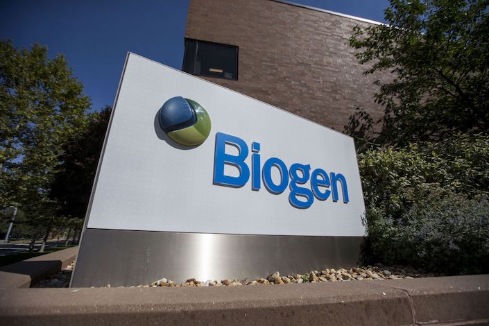 Signage is displayed in front of Biogen Inc. headquarters in Cambridge. Photo: Bloomberg