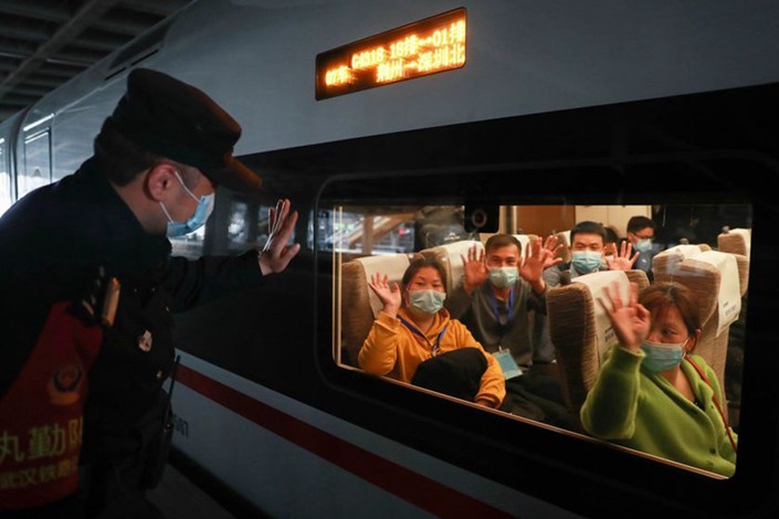 A train departs from Wuhan, Central China’s Hubei province, for the first time since the city of 11 million was put under lockdown in late January. Photo: IC Photo