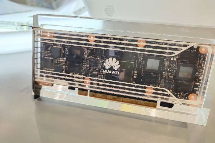 A Huawei chip sits on display at its headquarters in Shenzhen in 2019.