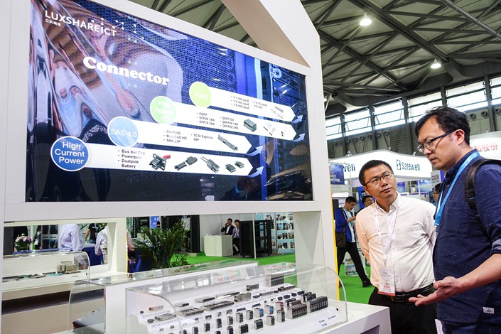The Luxshare booth at an electronics trade show in Shanghai in May 2018.