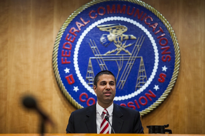 Ajit Pai, chairman of the Federal Communications Commission, speaks during an open meeting in Washington, D.C., U.S., on Nov. 16, 2017. Photo: Bloomberg