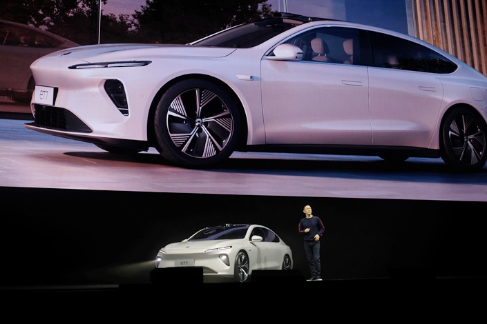 William Li, founder and CEO of Nio Inc., unveils Nio's ET7 sedan at a launch event in Chengdu, Sichuan province, on Jan. 9.