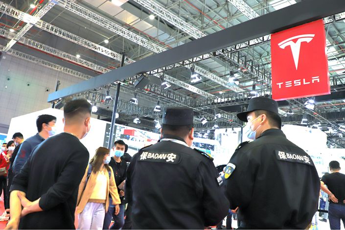 A view of Tesla's car booth at the 19th Shanghai International Auto Show in Shanghai on April 27. Photo: VCG