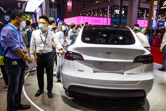 A Tesla car stands at the Shanghai International Auto Show on April 27. Photo: VCG