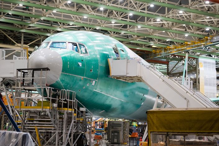 A Boeing Co. 777X airplane sits on the assembly floor at at the company's facility in Everett
