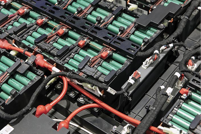 A cross section of a lithium battery pack sits on display at the Tianneng Battery Group facility in Huzhou, East China’s Zhejiang province, on April 14. Photo: VCG