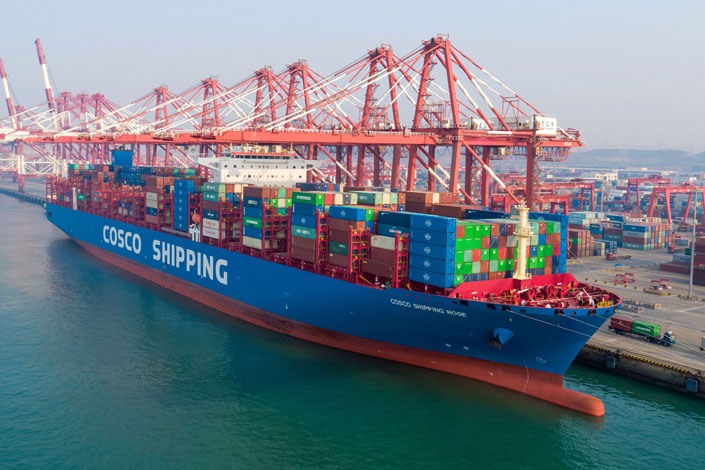 A Cosco ship docks at a container terminal in Qingdao, East China’s Shandong province, in January 2019. Photo: VCG