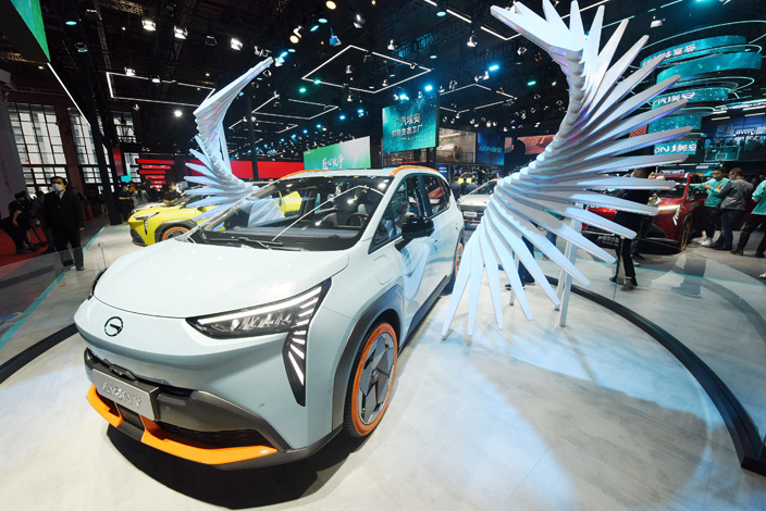 A new-energy vehicle developed by GAC Aion sits on display at an auto show in Shanghai on April 19. Photo: VCG