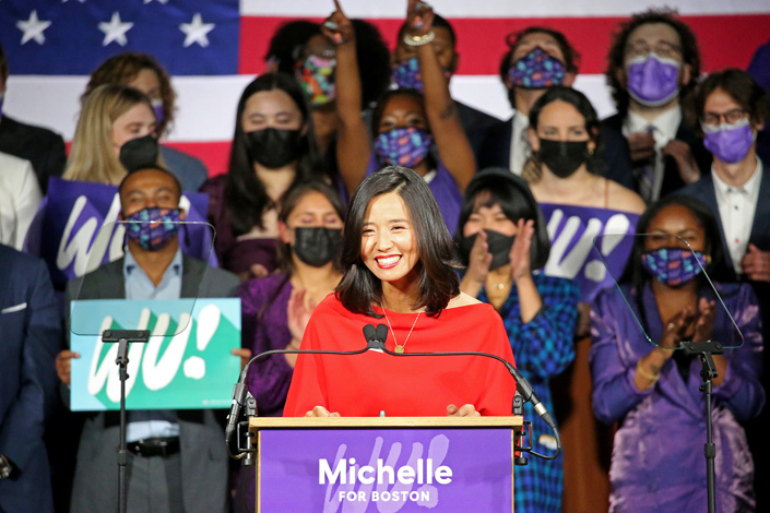 Councilor Michelle Wu celebrates winning the Boston mayoral election on Tuesday. Photo: VCG