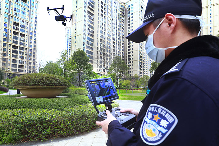 A police officer conducts an air patrol with a drone in East China’s Jiangxi province in February 2020. Photo: VCG