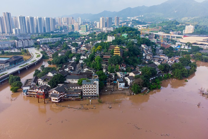 Houses are flooded in Chongqing's Ciqikou old town on Sept. 7, 2021. Photo: VCG