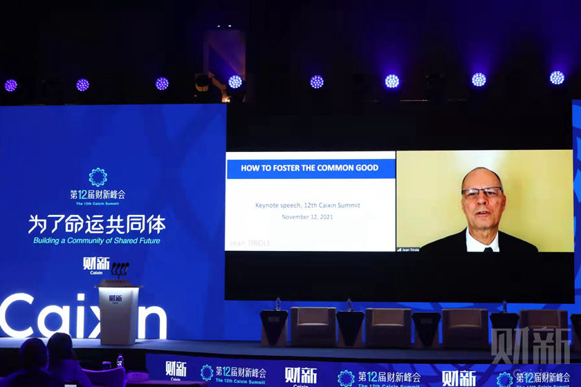 Jean Tirole, 2014 Nobel Prize Winner in Economics, Honorary Chairman of the Foundation JJ Laffont-Toulouse School of Economics (TSE), and Scientific Director of TSE-Partnership, delivers an opening speech Friday at the 12th Caixin Summit in Beijing. Photo: Caixin