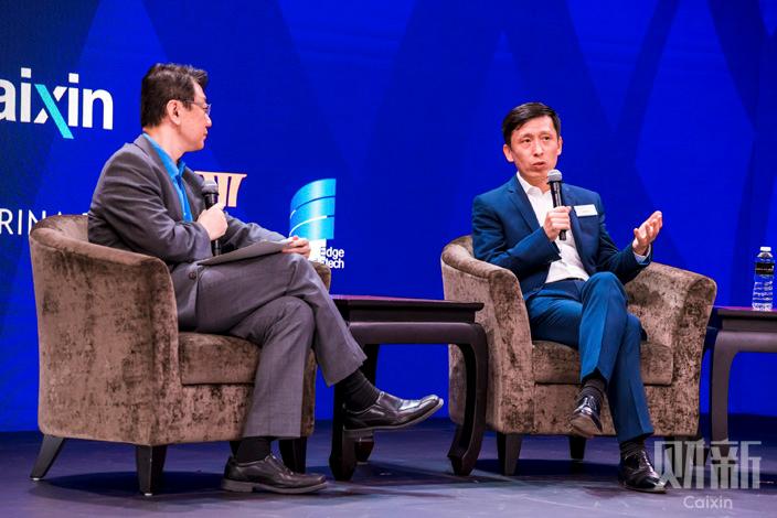 Ling Hai (right), co-president of Asia Pacific Mastercard, speaks at the summit’s Singapore venue on Friday. Photo: Alex Chen